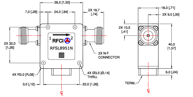 RFCI RFSL8951N 20W N型隔离器尺寸图