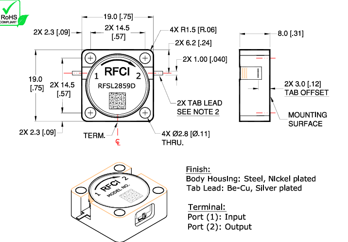 RFCI RFSL2859D插入式法兰安装环形隔离器3.3-3.8GHz